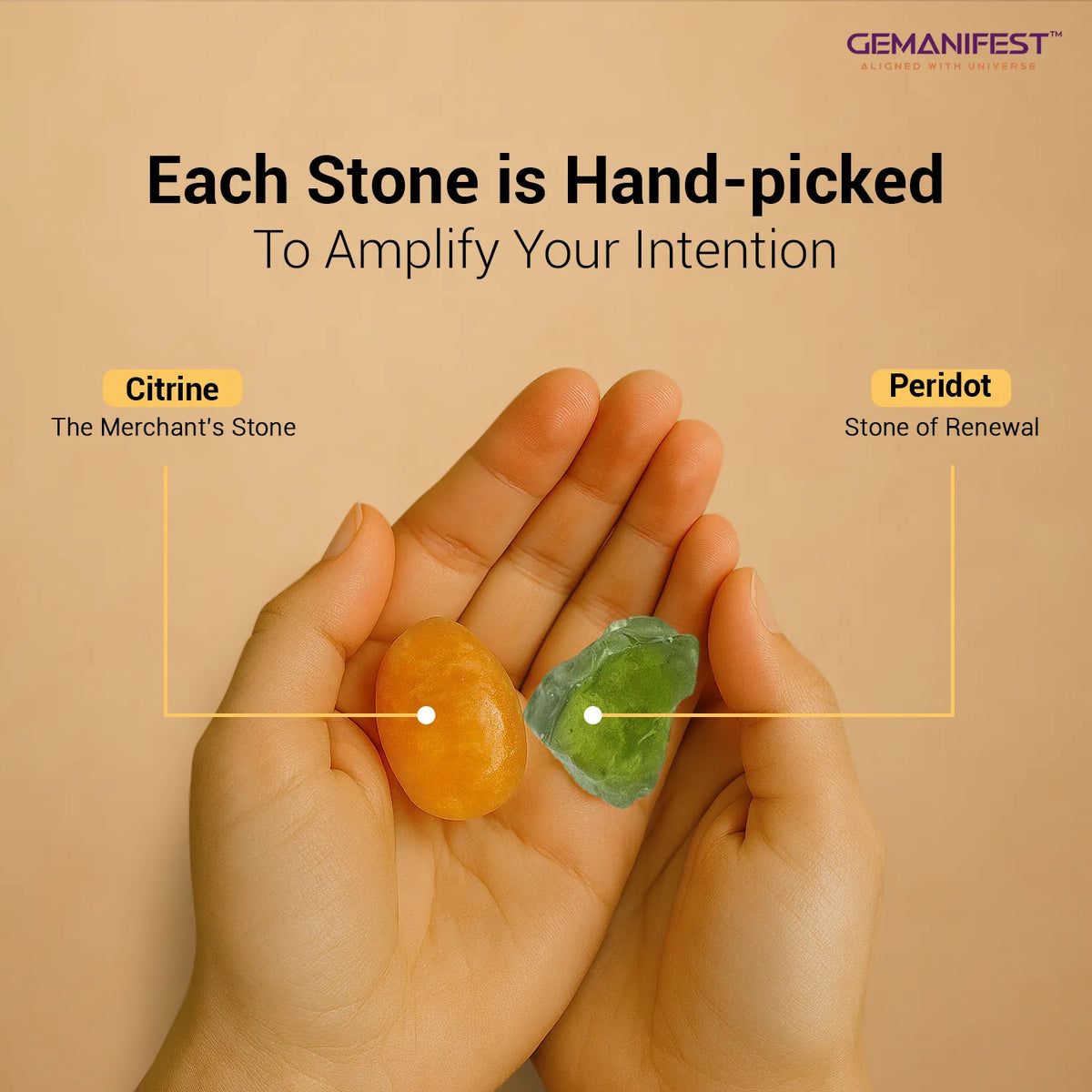 Hand holding two stones used in the candle, Citrine and Periodot, with text about hand-picked stones by GEMANIFEST.
