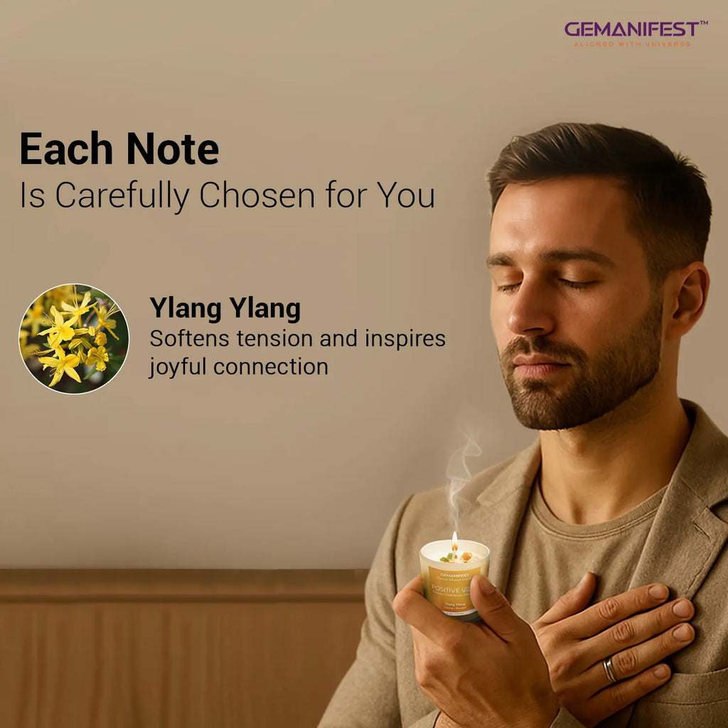 Man holding Positive Vibes candle with Ylang Ylang fragrance note.