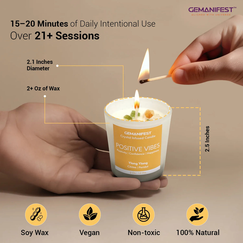 Positive Vibes crystal candle with size, soy wax, vegan, and natural features for over 21 sessions.