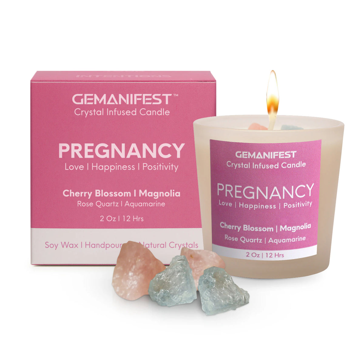 Pregnancy crystal infused candle with packaging box, Rose Quartz and Aquamarine crystals.
