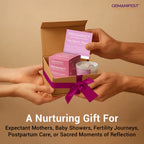 Pregnancy manifestation candle gift box with affirmation card being exchanged.