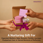 Pregnancy manifestation candle gift box with affirmation card being exchanged.