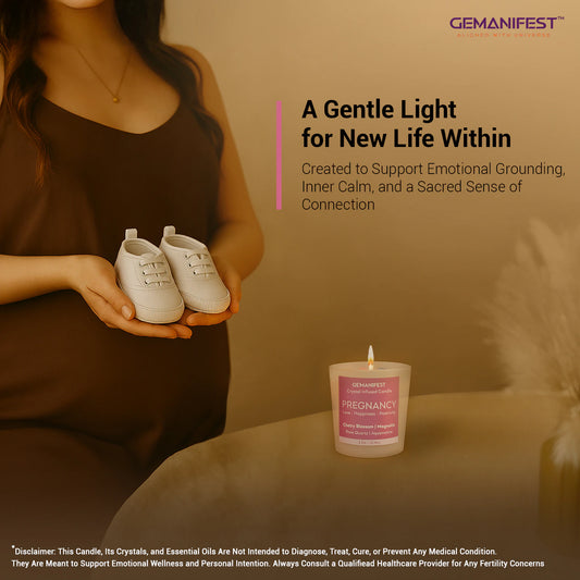 Pregnancy crystal candle with expectant mother holding baby shoes.