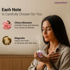 Woman holding Pregnancy candle with Cherry Blossom and Magnolia notes.