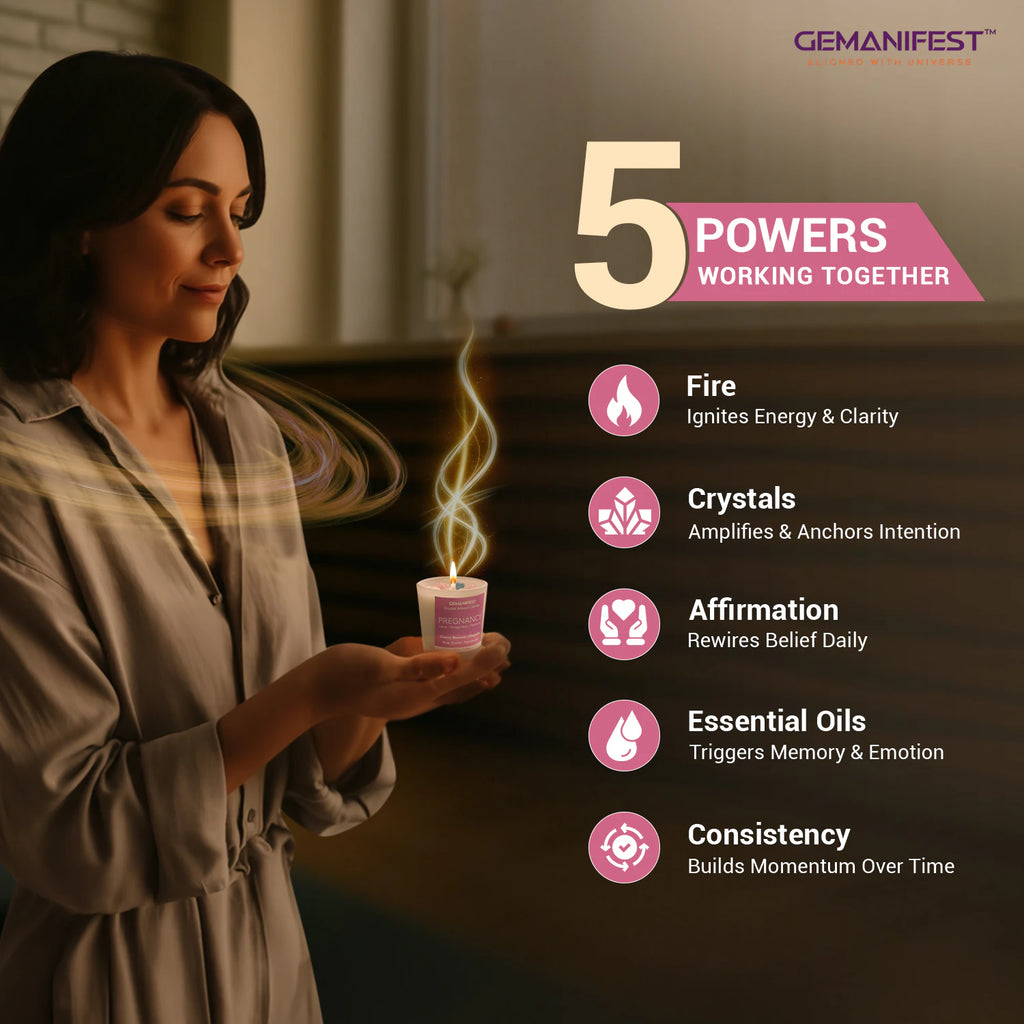 Pregnancy manifestation candle showing five powers of fire, crystals, and intention.