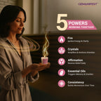 Pregnancy manifestation candle showing five powers of fire, crystals, and intention.