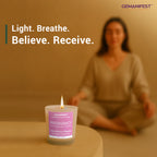 Pregnancy manifestation candle placed in front of meditating woman.