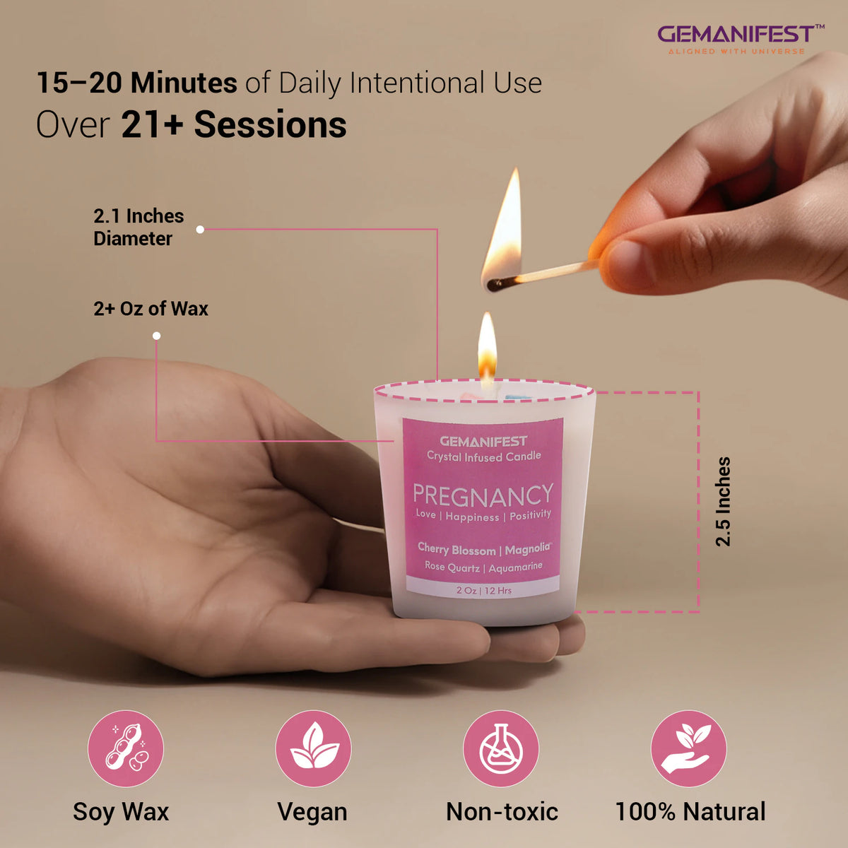 Pregnancy crystal candle with size, soy wax, vegan, and natural features.