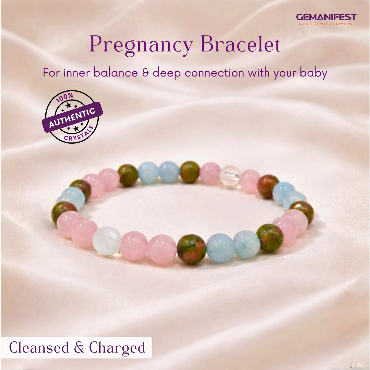 Colorful beaded pregnancy bracelet on a satin background with promotional text.