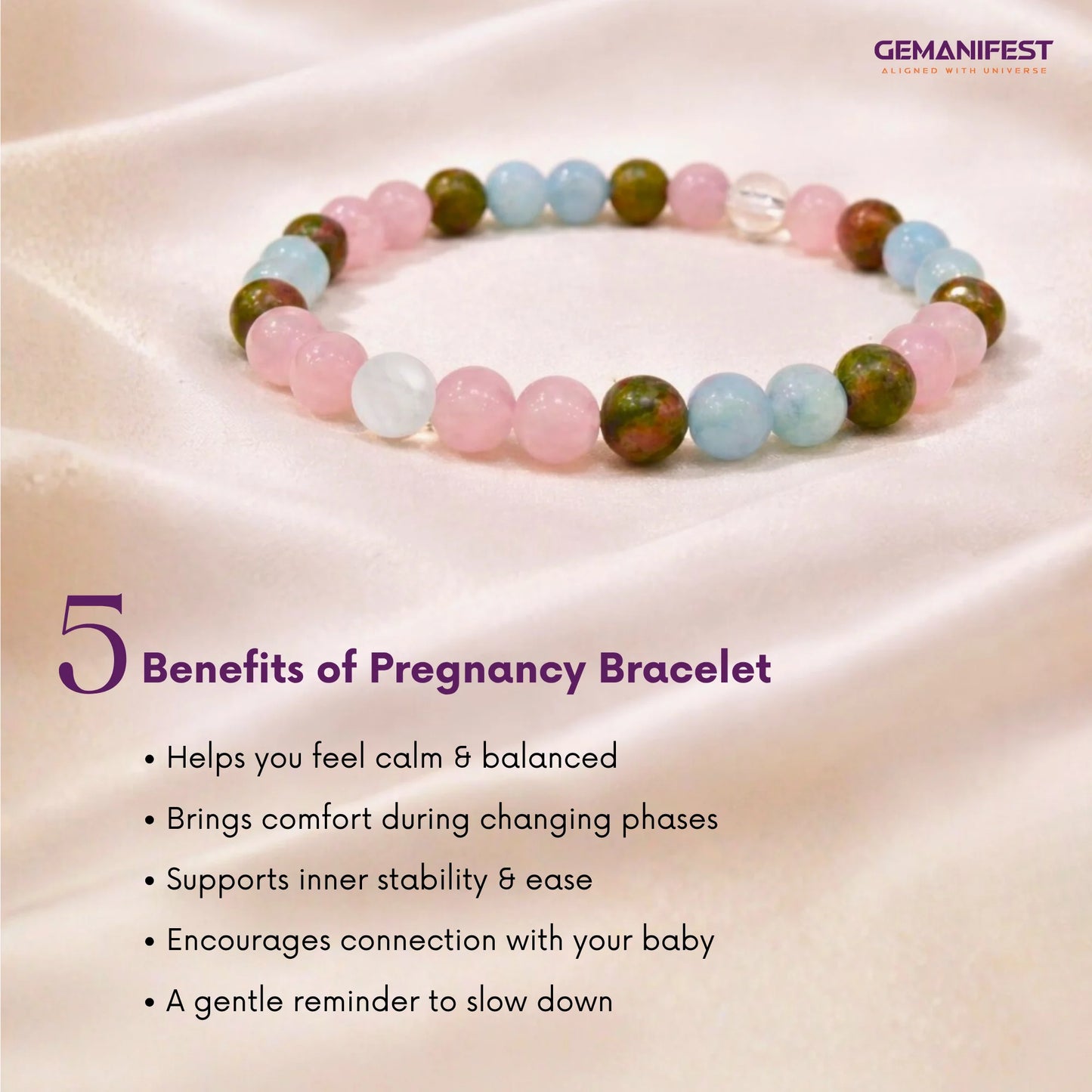 Multicolored beaded pregnancy bracelet on a soft fabric background with text listing benefits.
