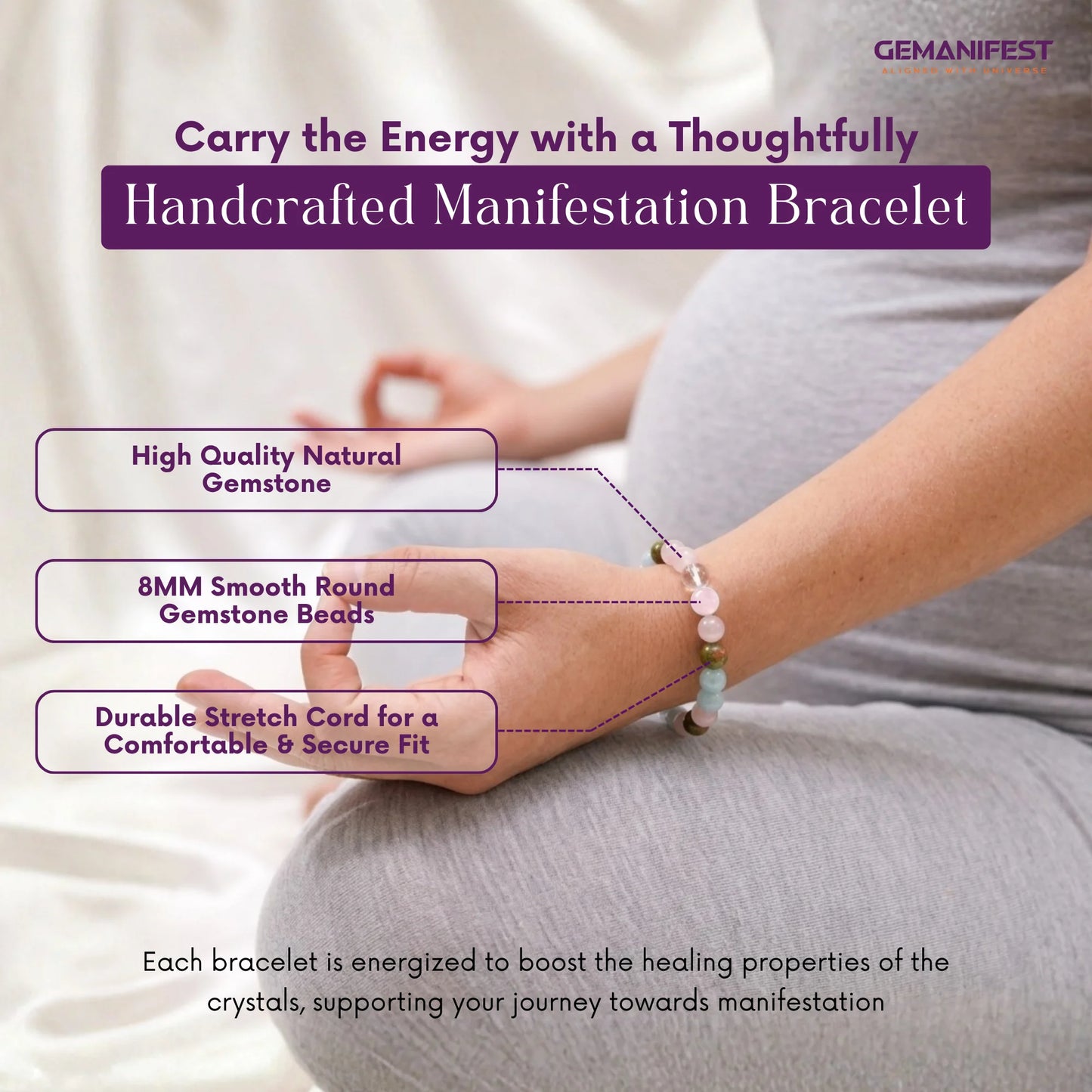 Person wearing a GEMANIFEST bracelet with product features highlighted