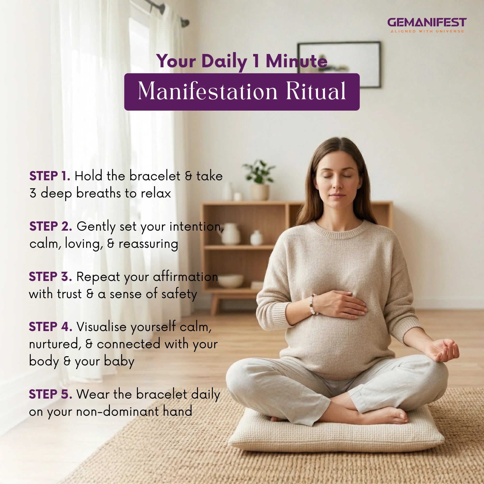 Woman meditating on a mat with text about a daily manifestation ritual.