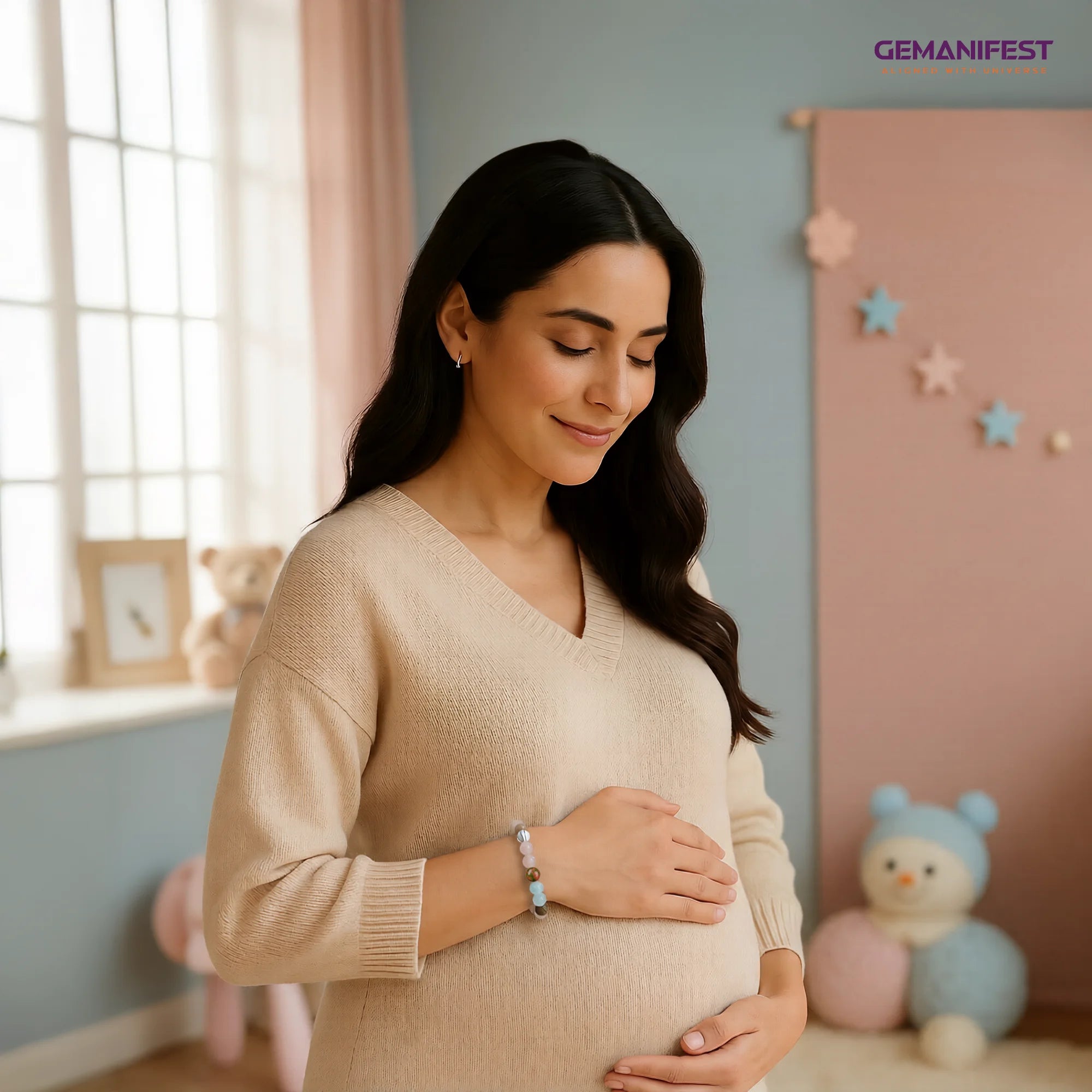 Pregnant woman in a beige sweater standing in a nursery room with toys and decor.