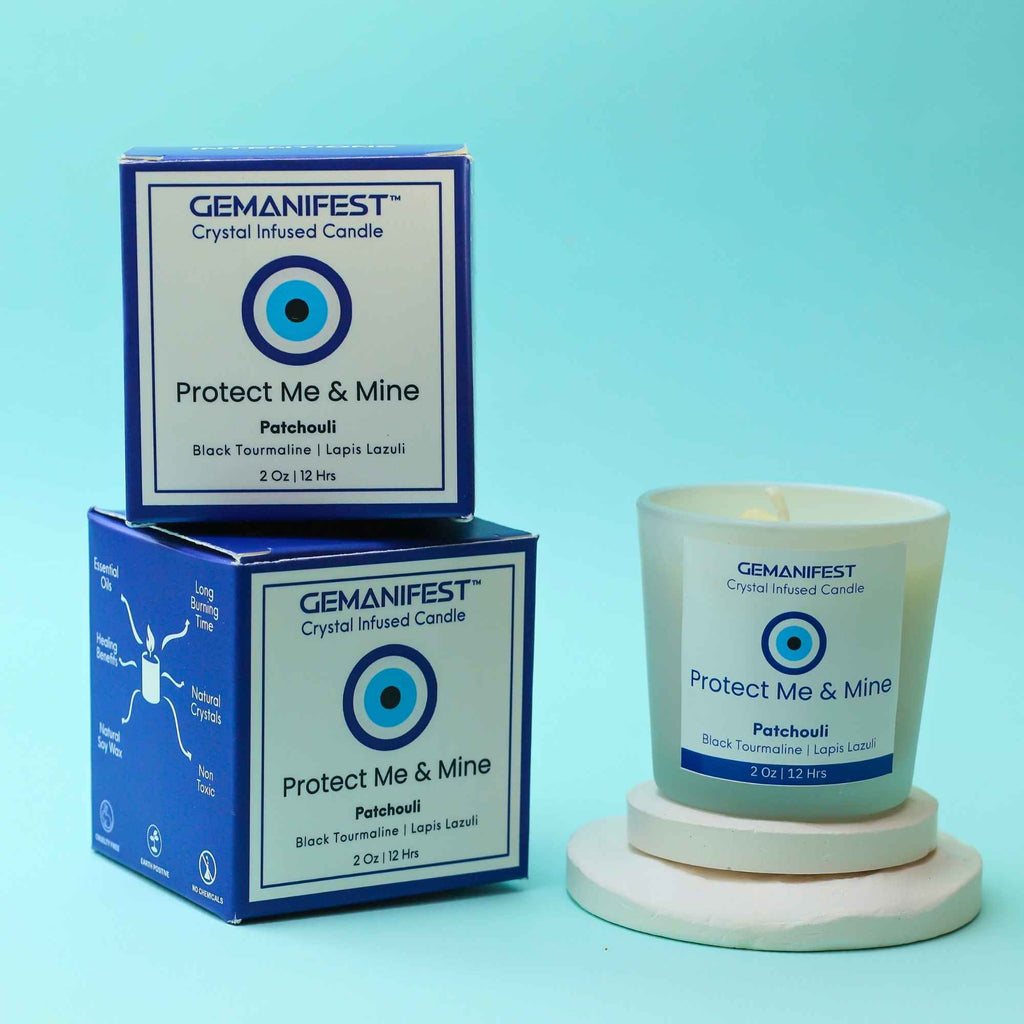 Protect Me & Mine Manifestation Candle with Black Tourmaline and Lapis Lazuli crystals and Patchouli essential oil for protection and grounding.