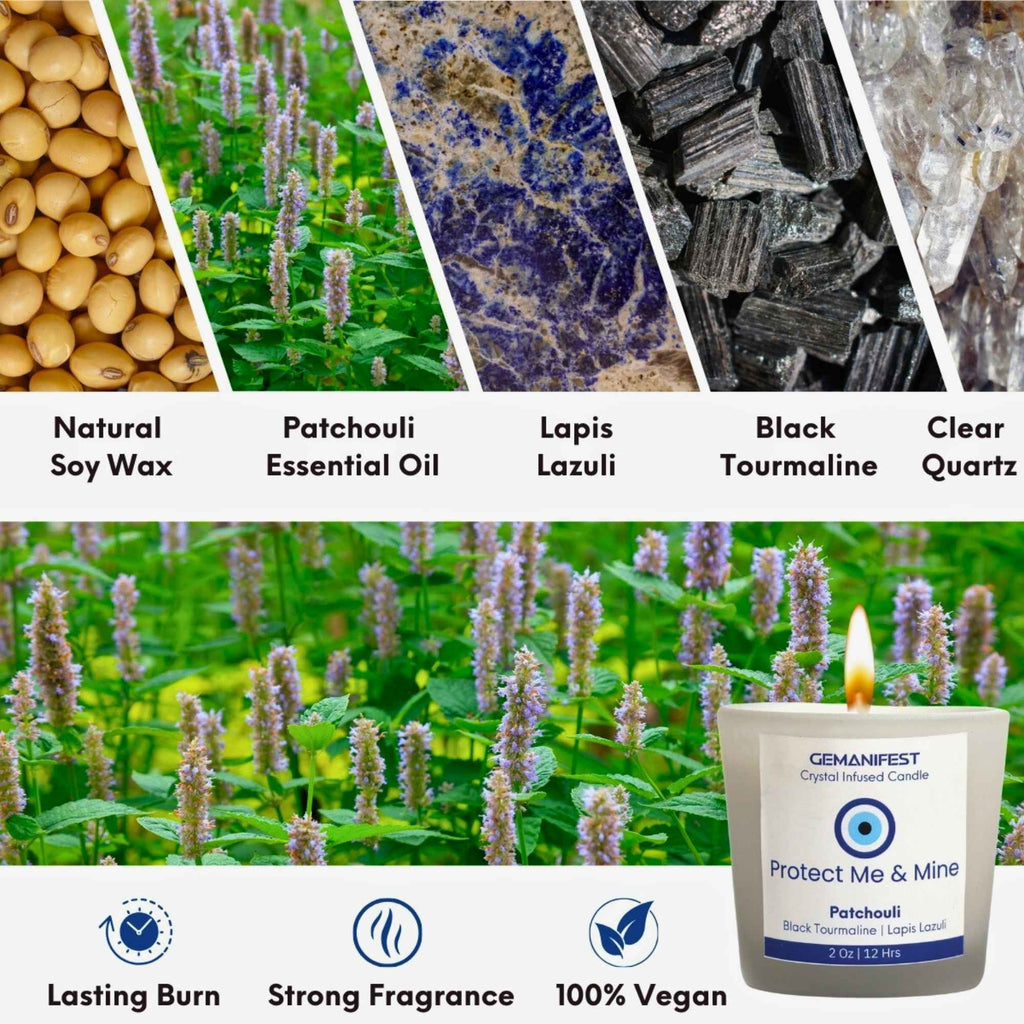 Protect Me & Mine Manifestation Candle with Black Tourmaline and Lapis Lazuli crystals and Patchouli essential oil for protection and grounding.