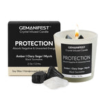 Protection crystal infused candle with packaging box and Black Tourmaline, Clear Quartz crystals.