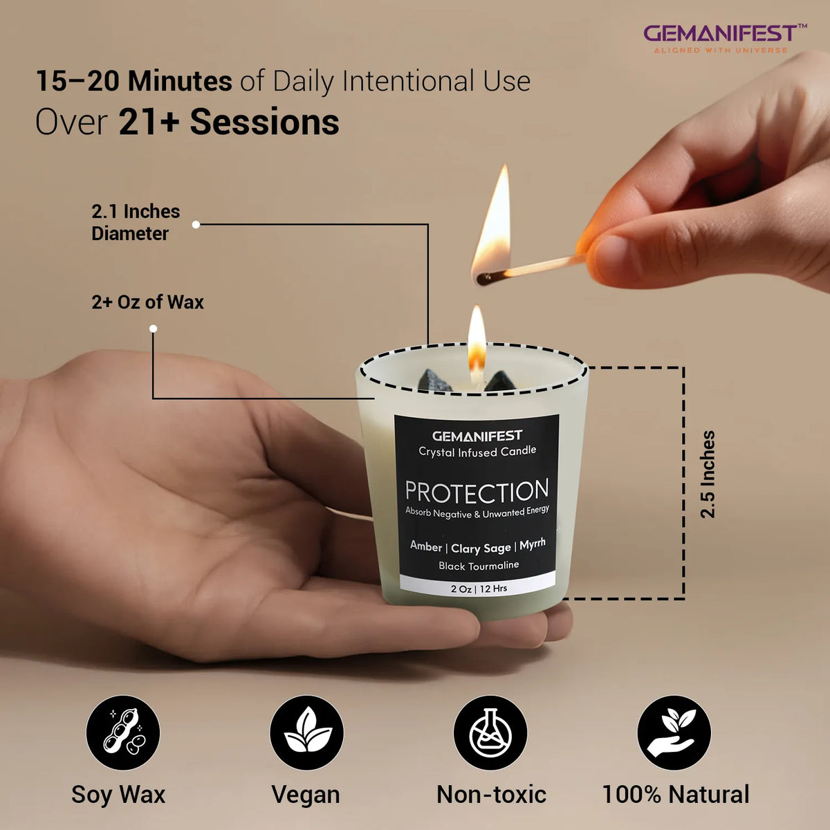 Protection crystal infused candle with dimensions, features, and daily ritual use.