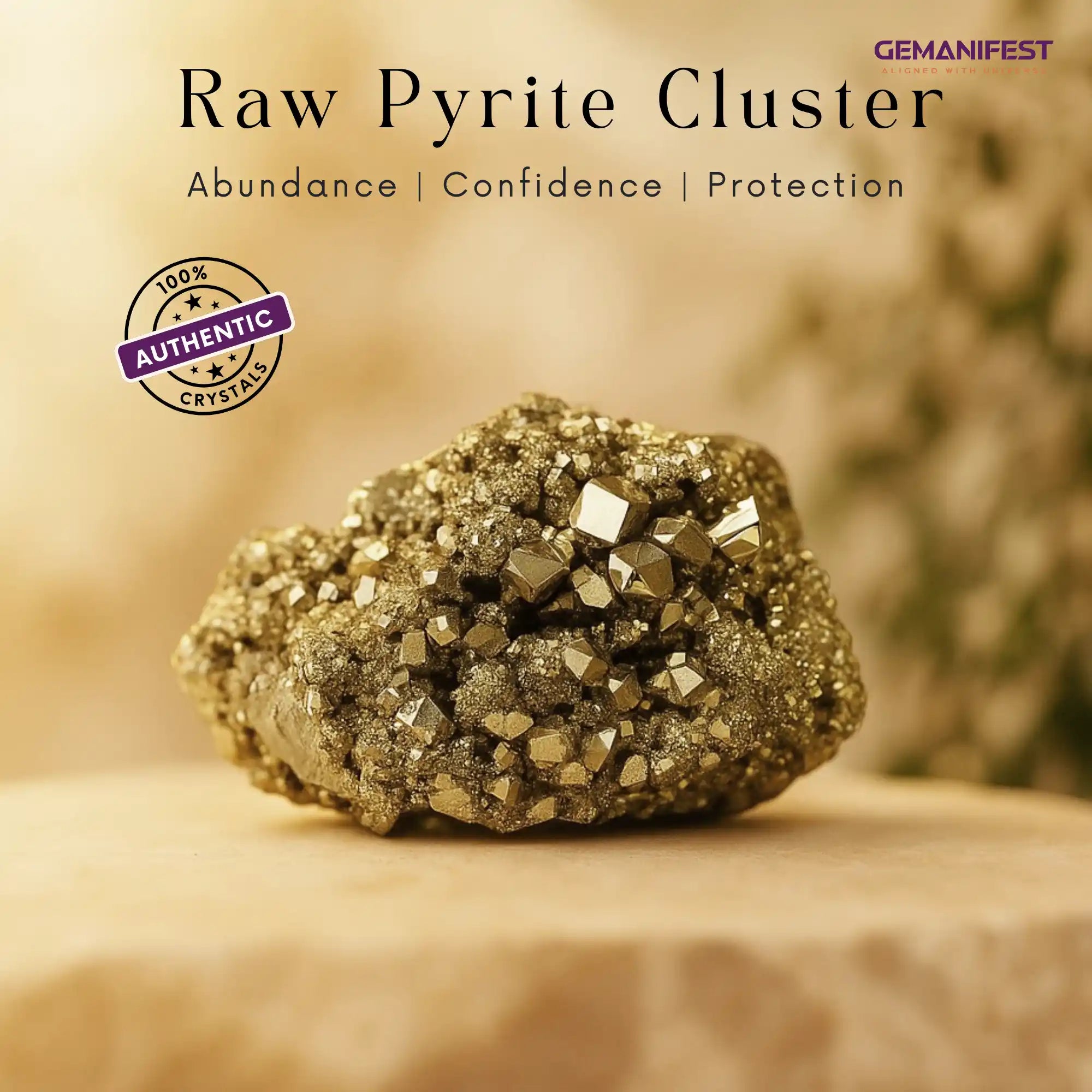 Raw pyrite cluster with benefits listed on a blurred background