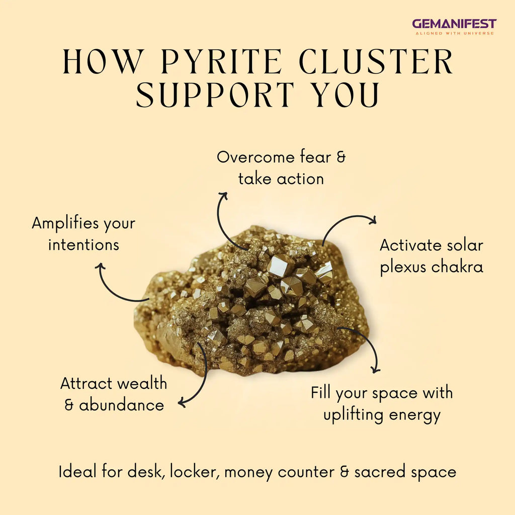 Pyrite Cluster benefits listed on a beige background