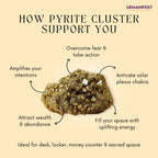 Pyrite Cluster benefits listed on a beige background
