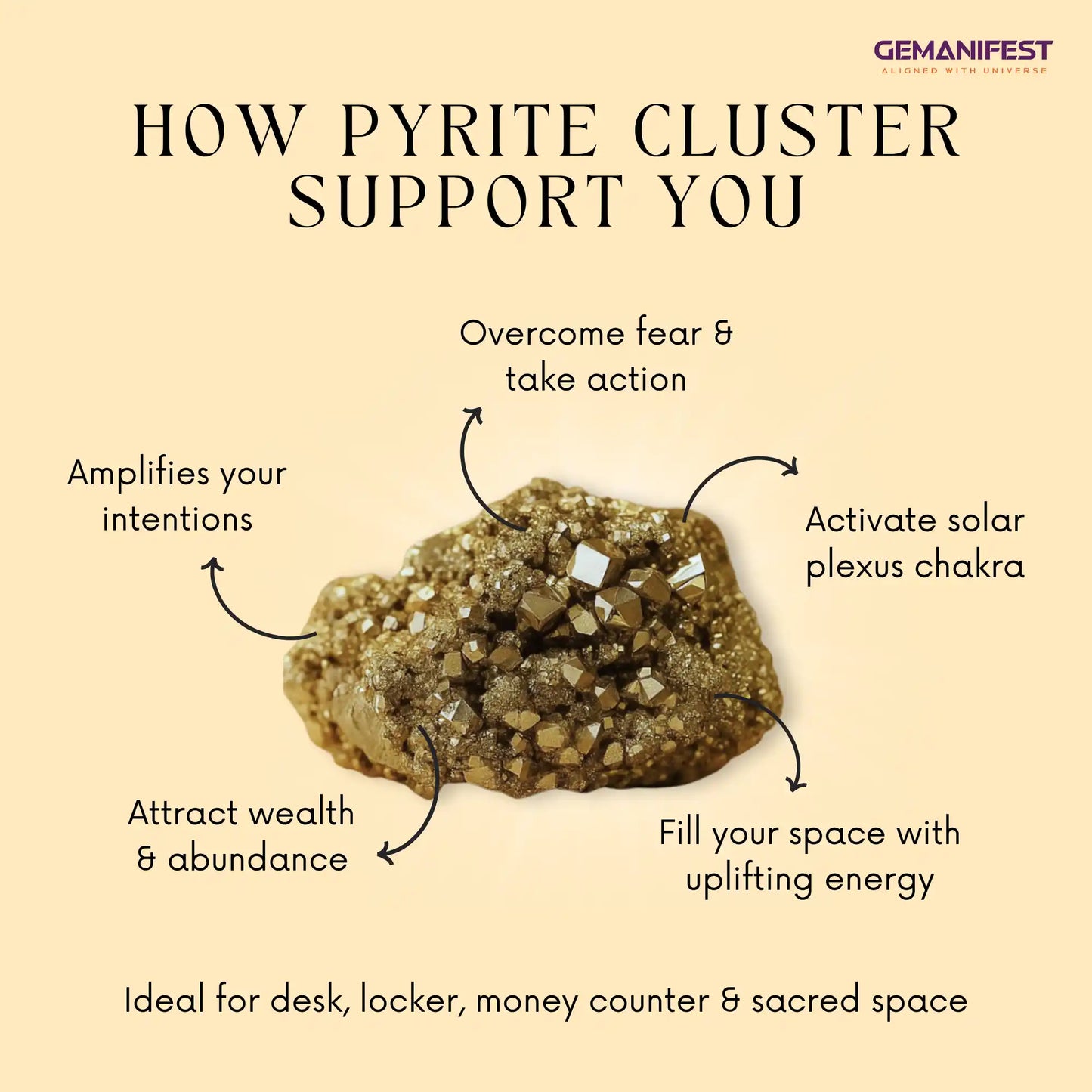Pyrite Cluster benefits listed on a beige background