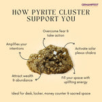 Pyrite Cluster benefits listed on a beige background