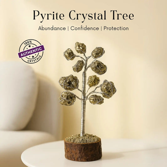 Pyrite crystal tree with 'Authentic Crystals' label on a beige background