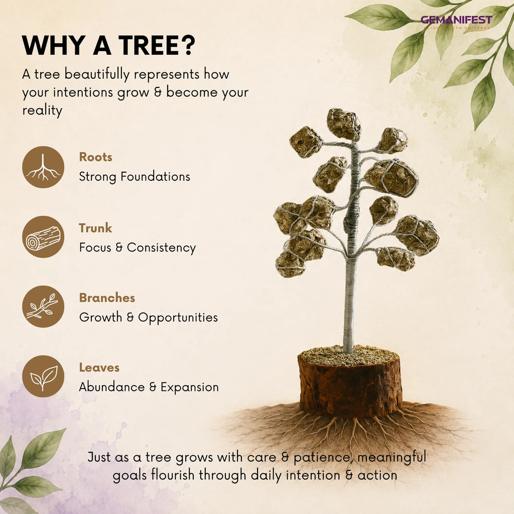 Pyrite crystal tree with benefits listed on a beige background