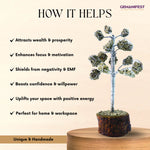 Pyrite crystal tree with benefits listed on a beige background