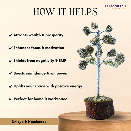 Pyrite crystal tree with 'Authentic Crystals' label on a beige background