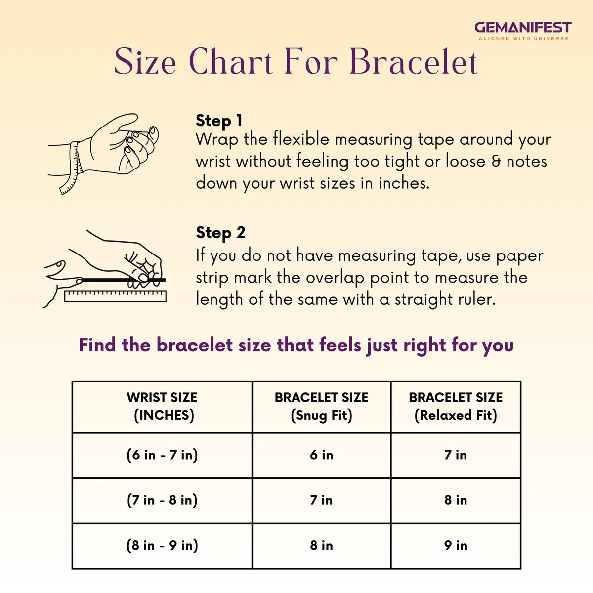 Size chart for bracelet with measurement instructions and a GEMANIFEST logo.