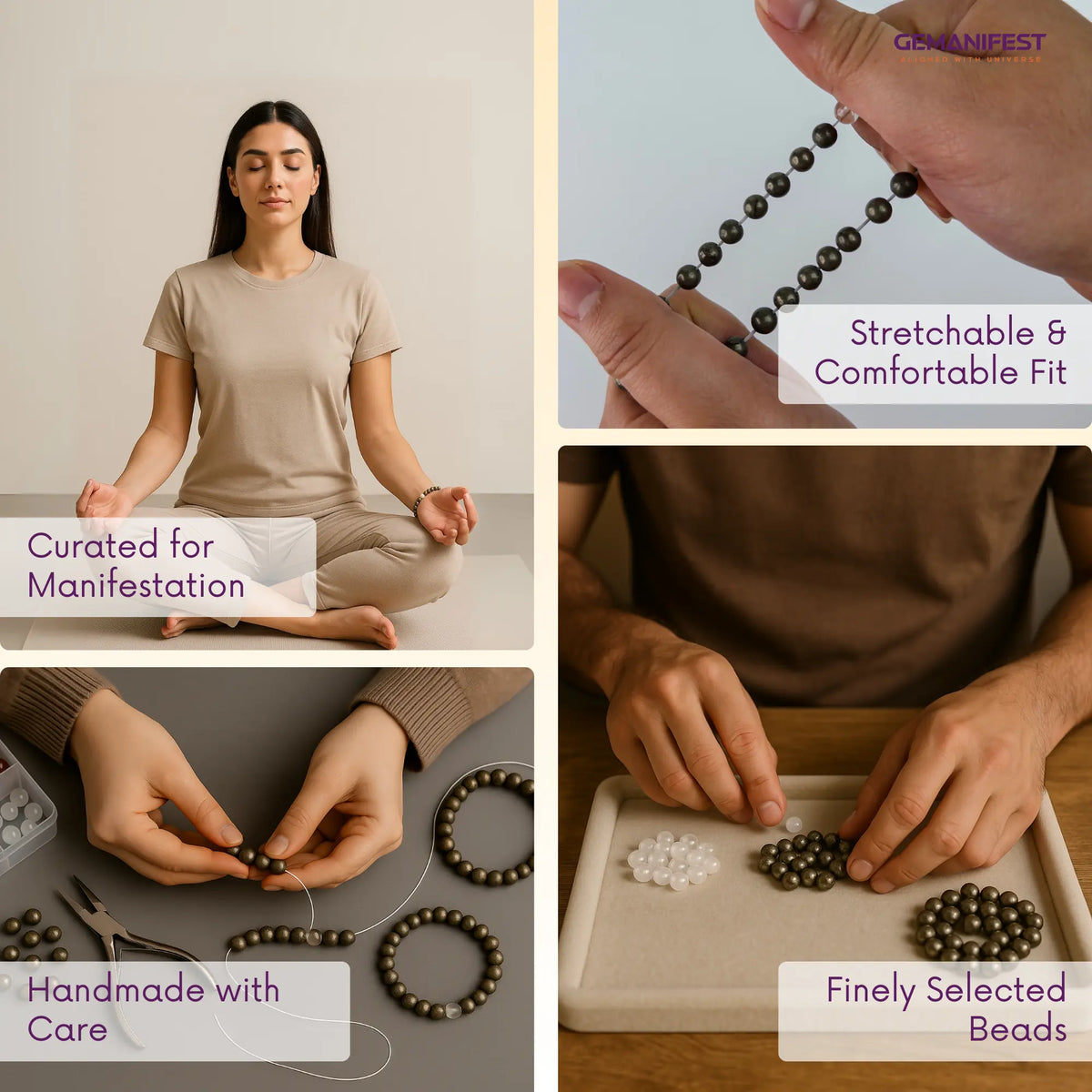 Collage of images showing product features of pyrite bracelet