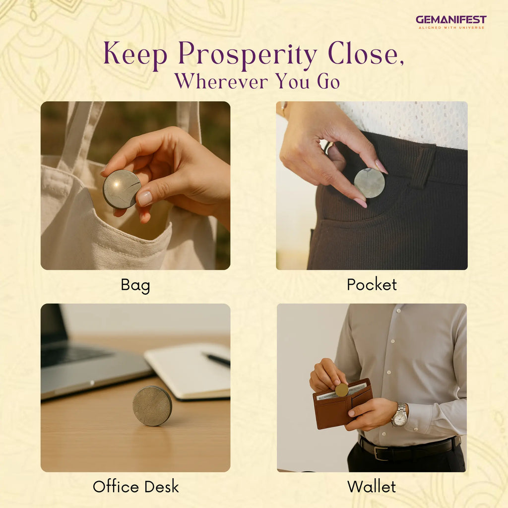 Four images showing a Pyrite coin in different locations with text 'Keep Prosperity Close, Wherever You Go'.