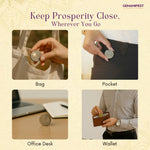 Four images showing a Pyrite coin in different locations with text 'Keep Prosperity Close, Wherever You Go'.