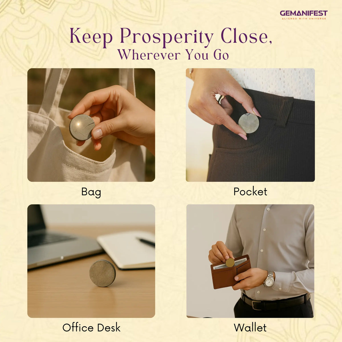 Four images showing a Pyrite coin in different locations with text 'Keep Prosperity Close, Wherever You Go'.