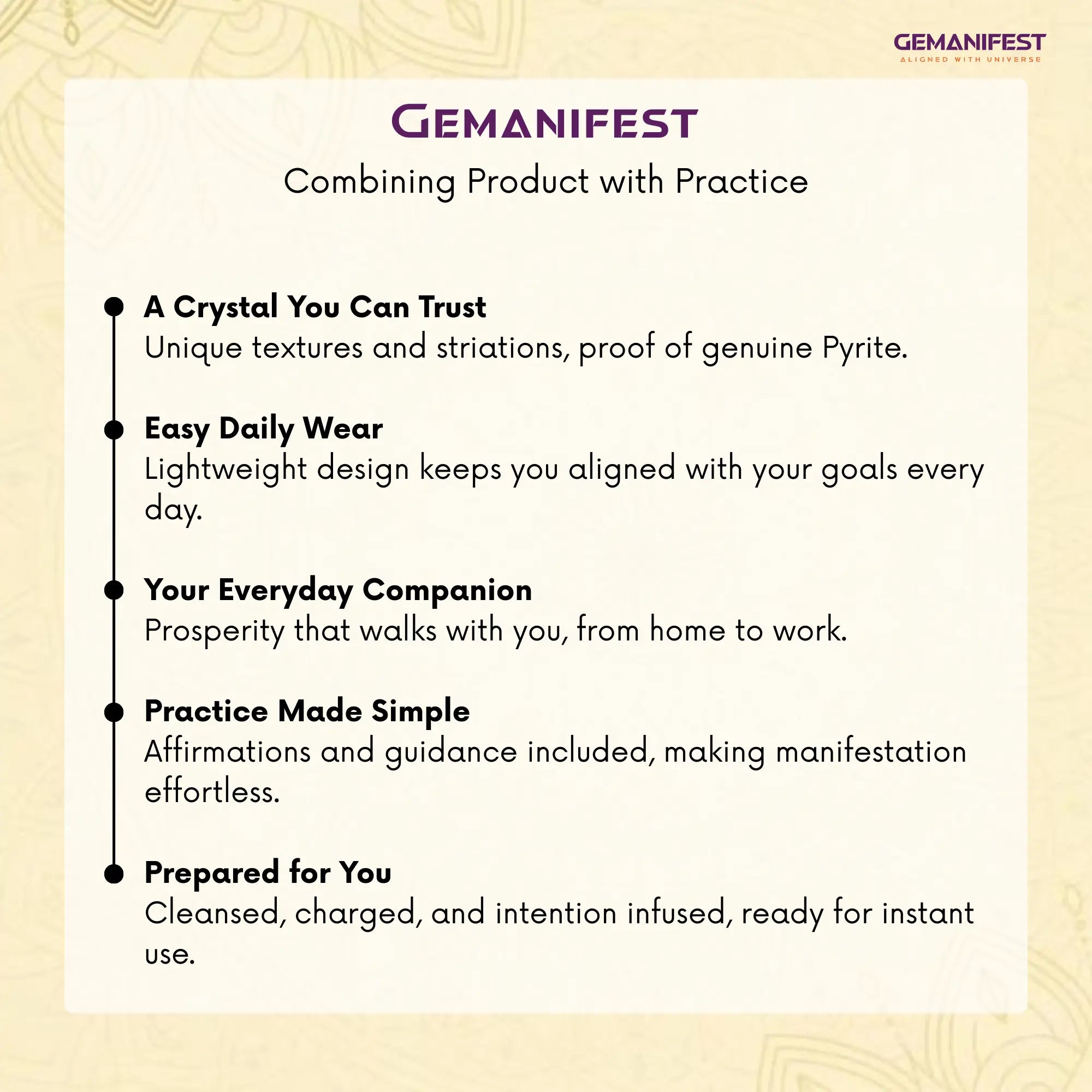 Gemanifest's Pyrite coin description card with text on a beige background