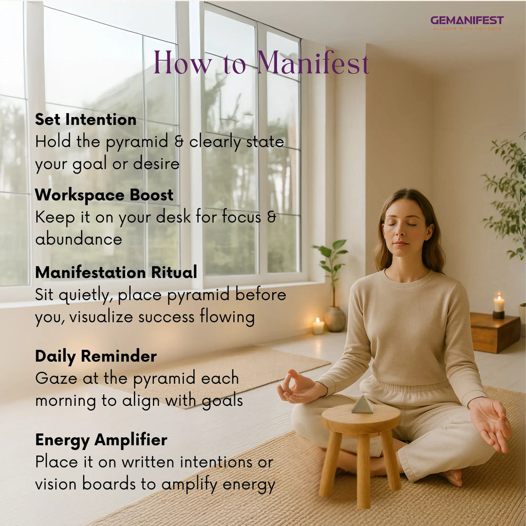 Woman meditating in a room, surrounded by text on How to Manifest with Pyrite Pyramid.