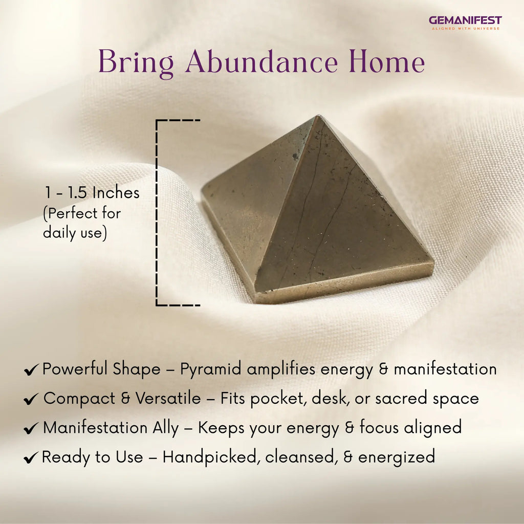 Pyrite Pyramid on a textured surface with text about its features and benefits.