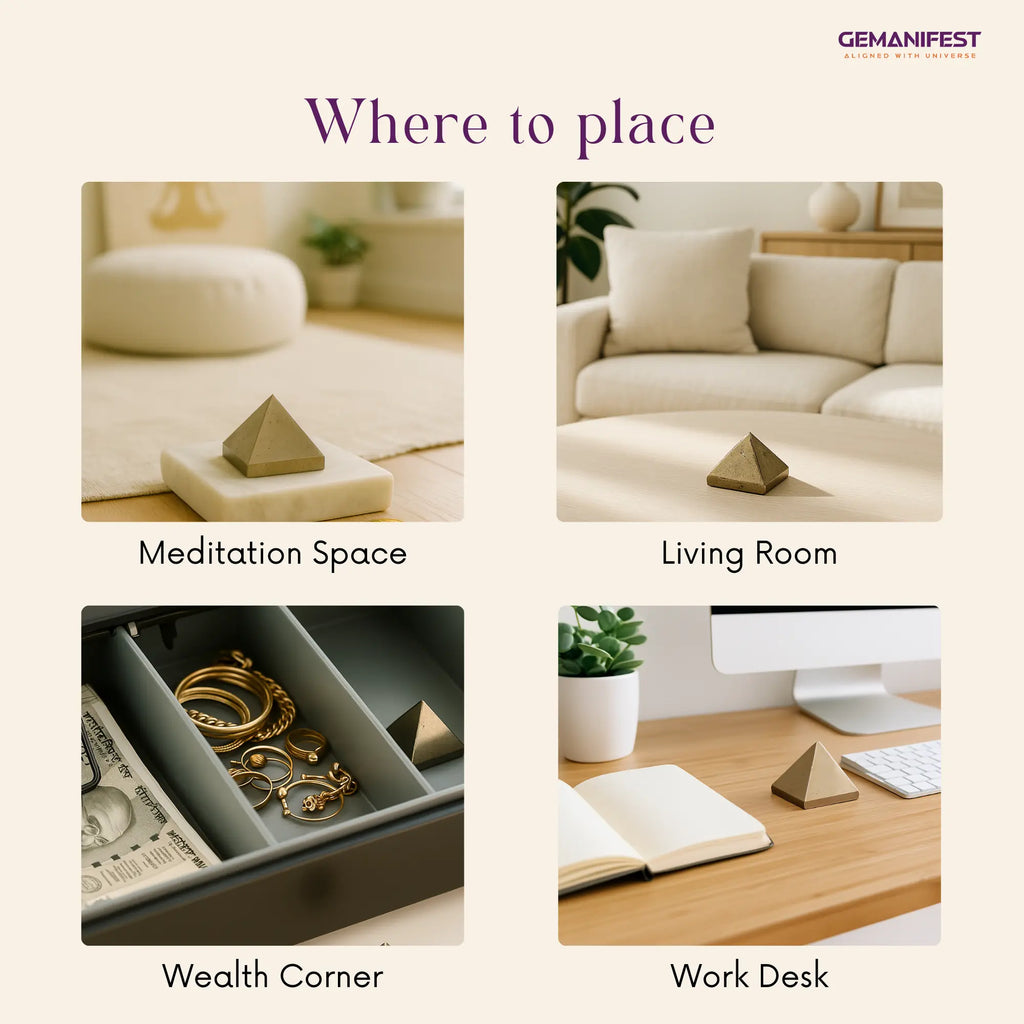 GEMANIFEST product placement guide with images of a Pyrite pyramid in different settings.