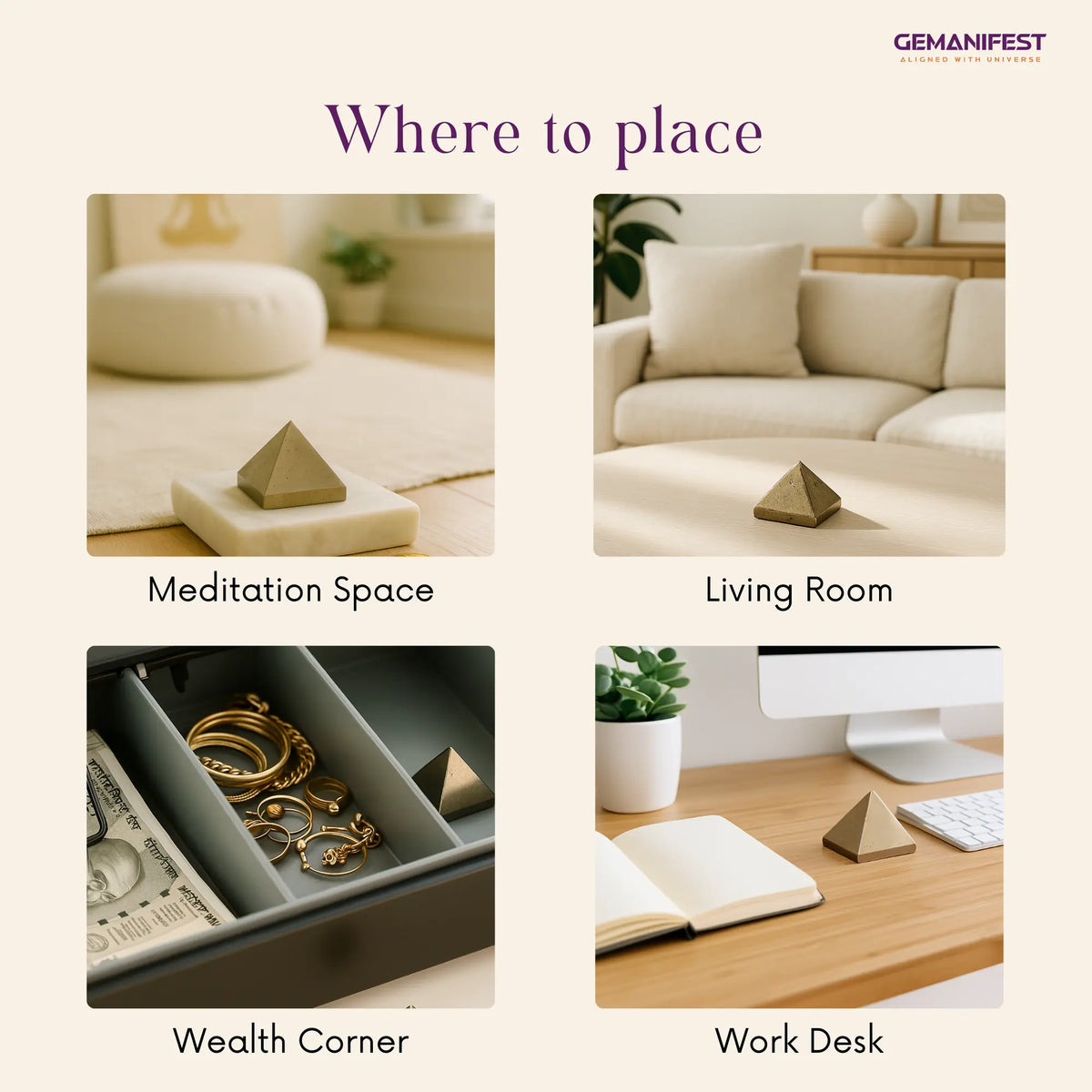 GEMANIFEST product placement guide with images of a Pyrite pyramid in different settings.