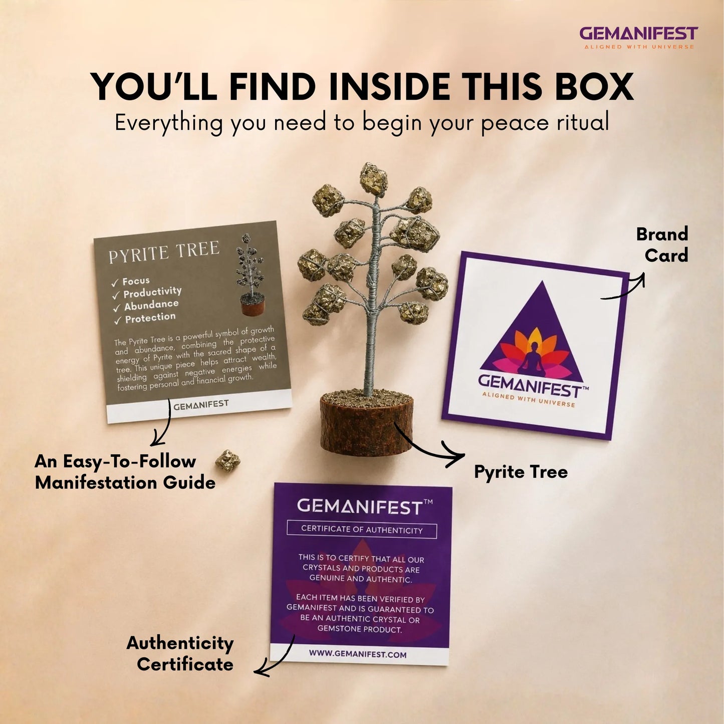 Gemanifest product set with pyrite tree, guide, brand card, and certificate on a beige background