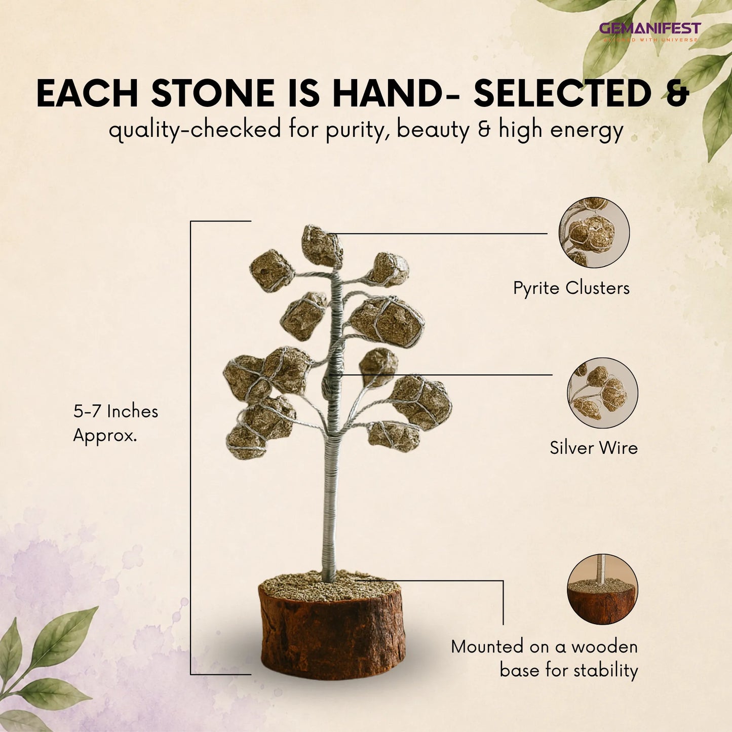 Decorative stone tree with labeled components on a beige background