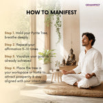 Man meditating in a serene room with a Pyrite Tree and Buddha statue, surrounded by plants.