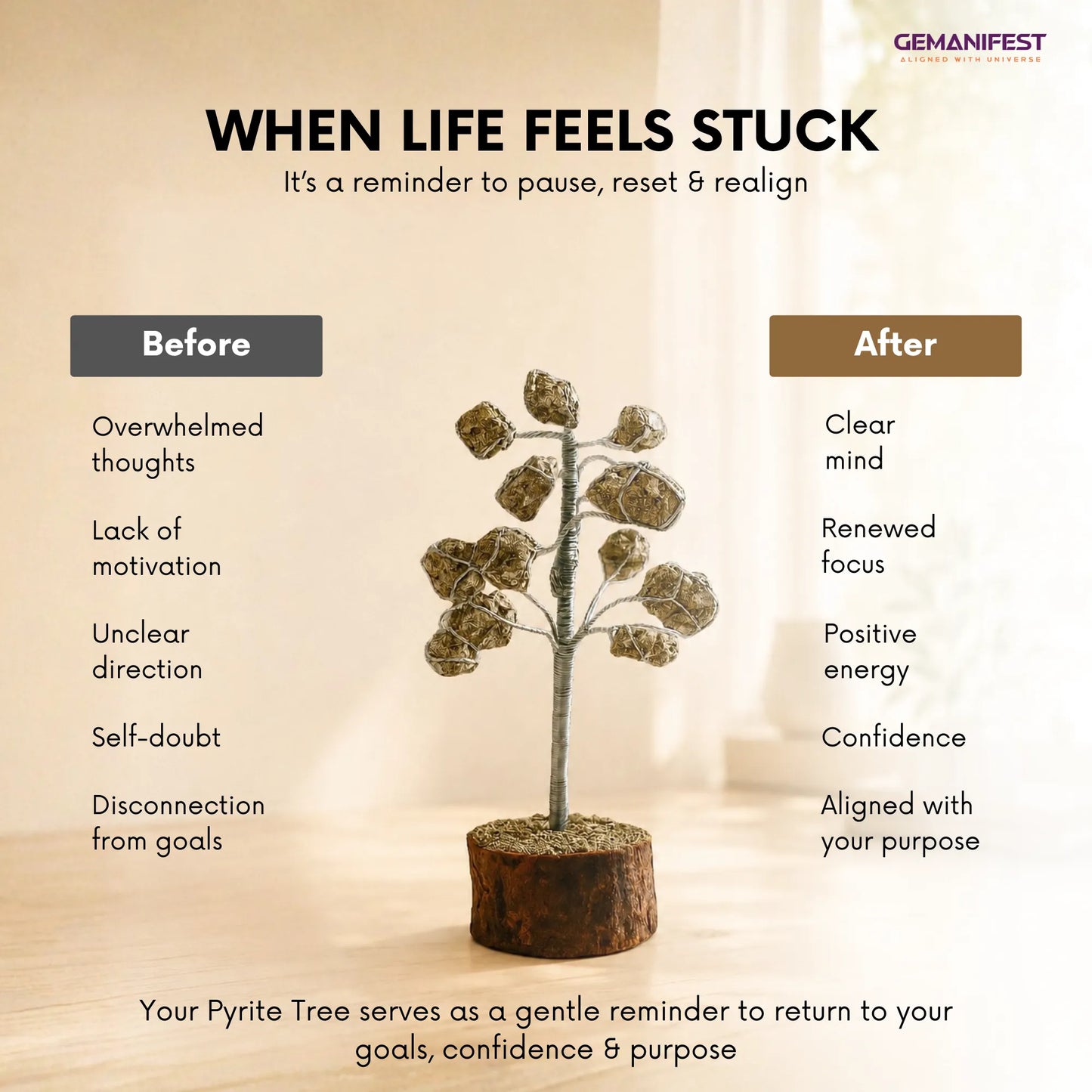 Pyrite tree with text on a beige background, featuring the brand 'GEMANIFEST'.