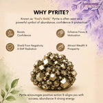 Pyrite crystal with benefits listed on a beige background