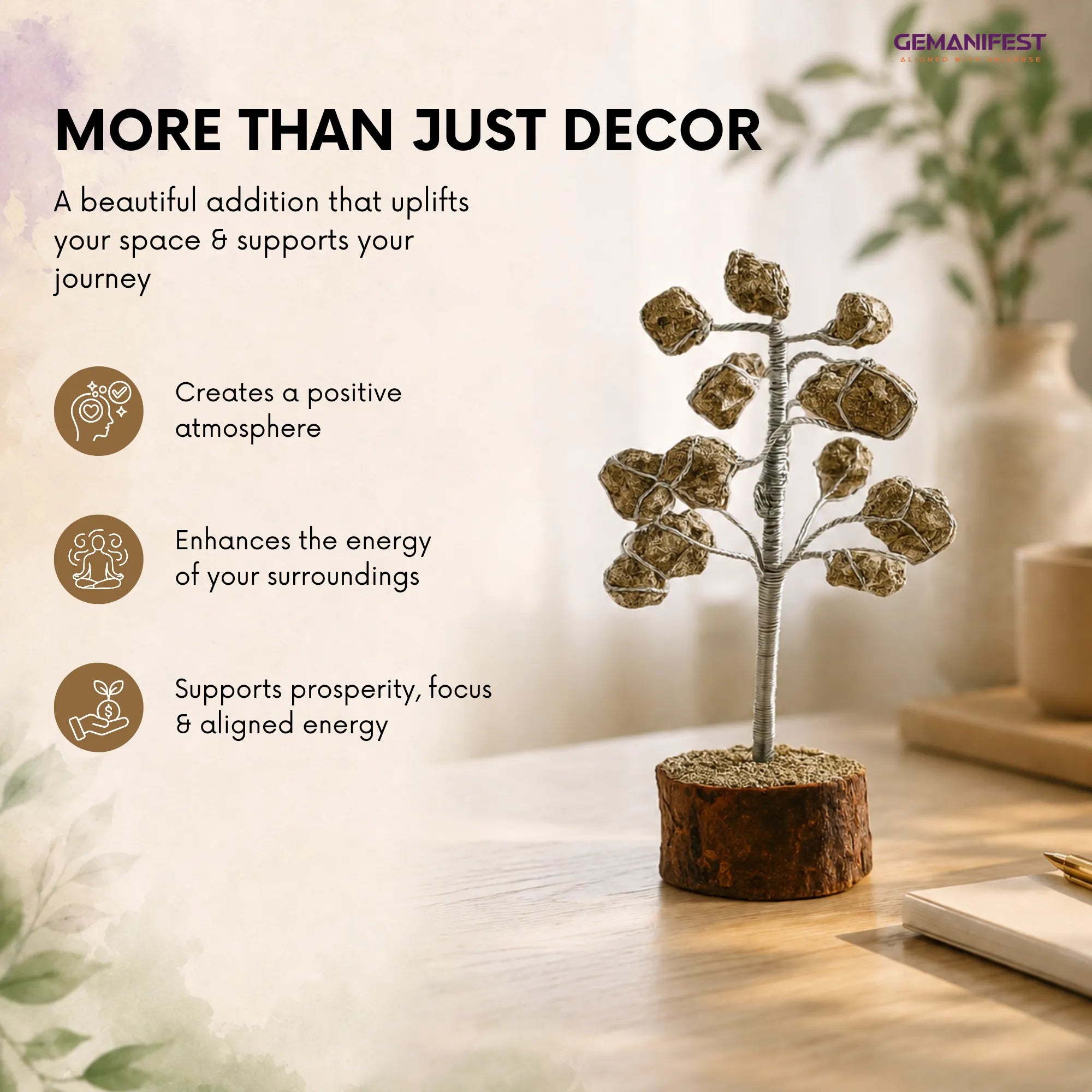 Decorative tree on a table with text about its benefits, set against a blurred indoor background.
