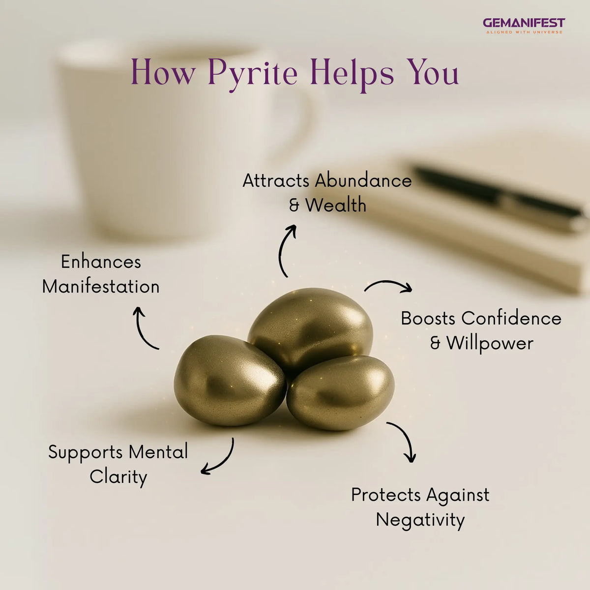 Three pyrite stones with benefits listed on a blurred background