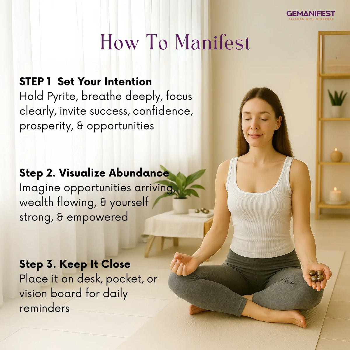 Woman meditating in a room with text on how to manifest with Pyrite tumble