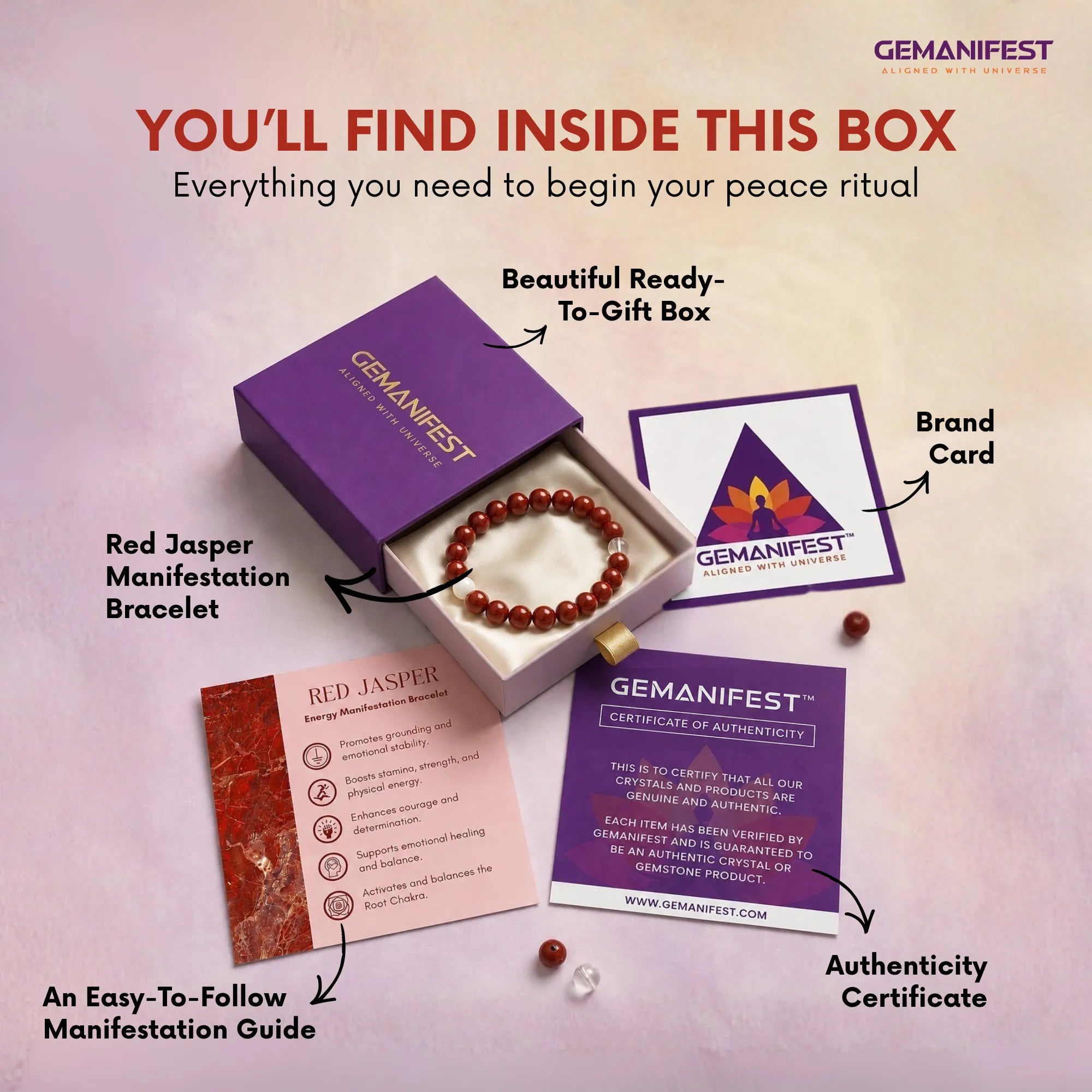 GEMANIFEST product box with bracelet, guide, and card on a light pink background