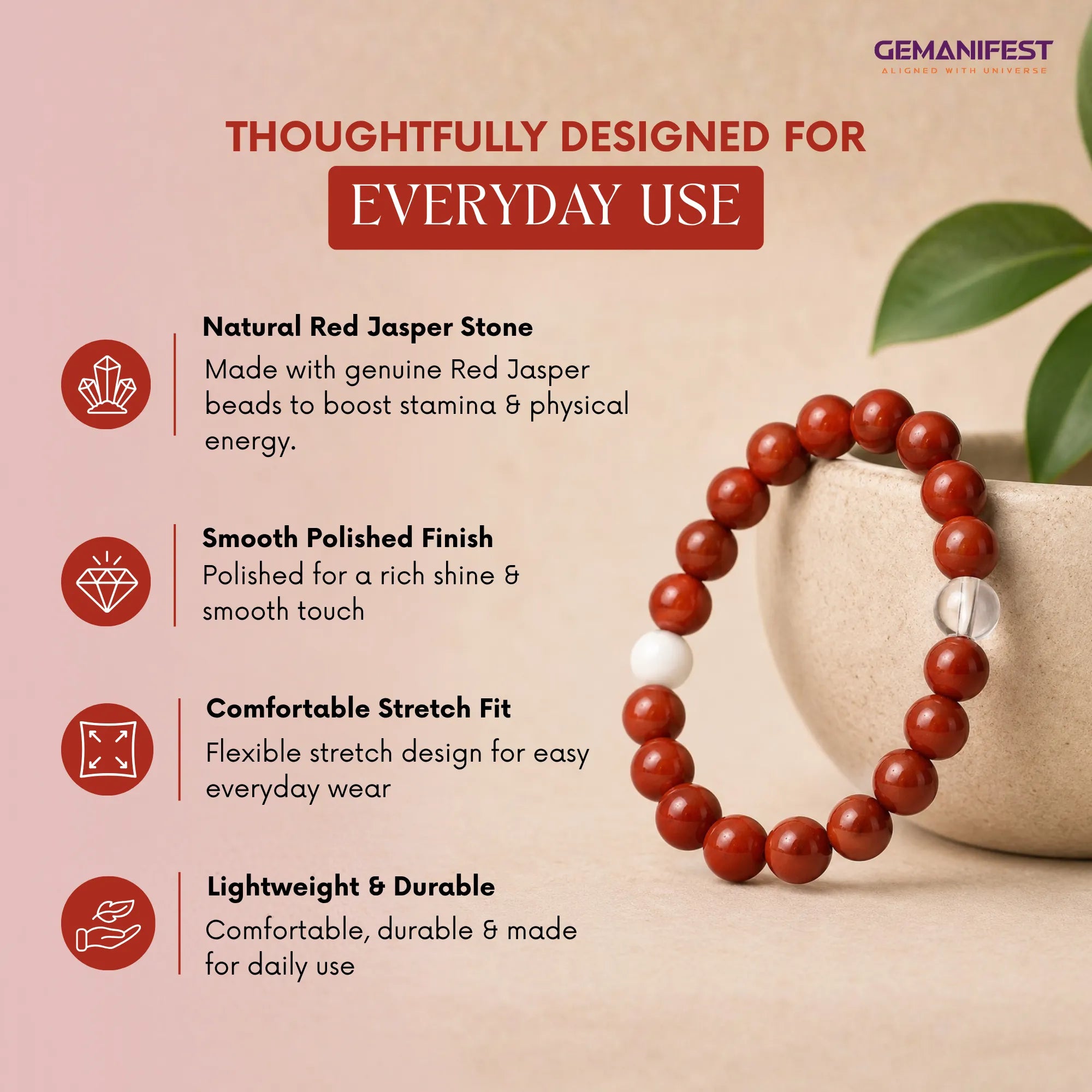 Red jasper stone bracelet with product features on a beige background